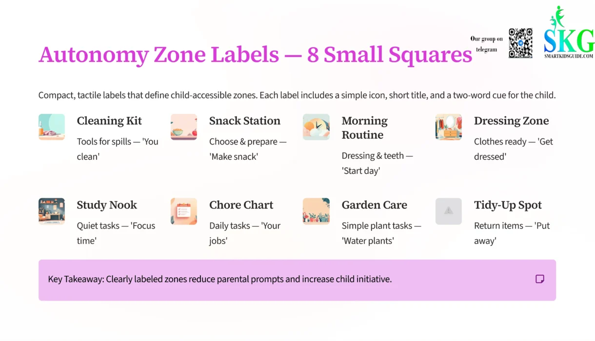 Printable Montessori autonomy zone labels for home organization and child initiative.