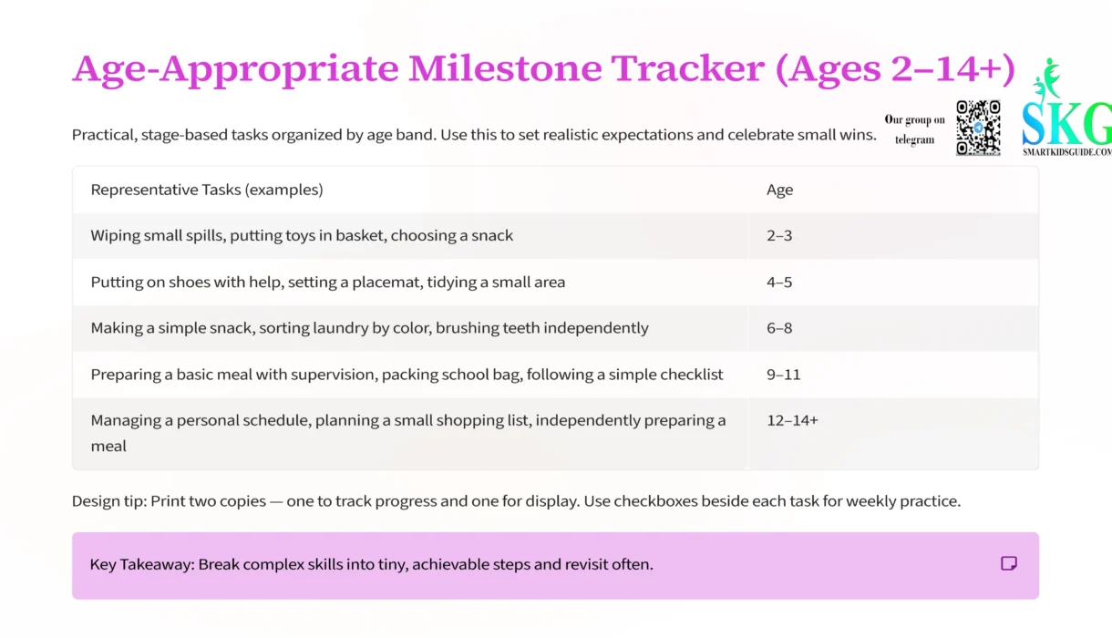 Age-appropriate chores and milestones chart for kids aged 2 to 14 plus
