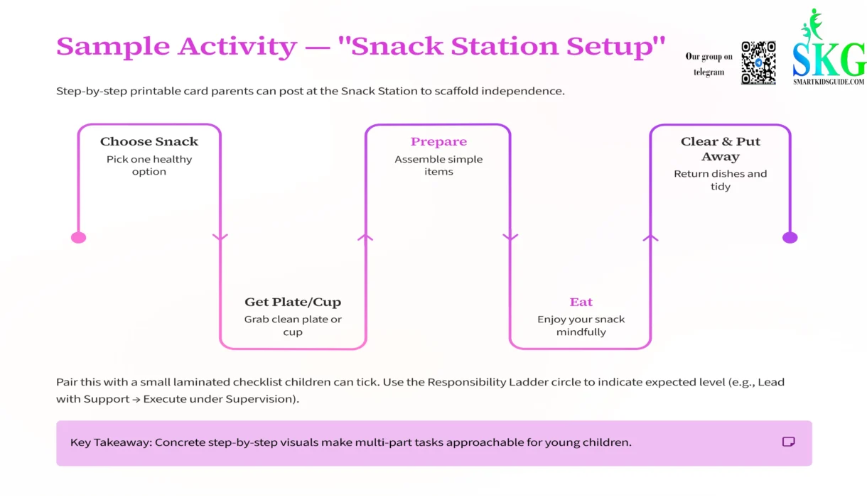 Step-by-step visual sequence for a child-led snack station setup.