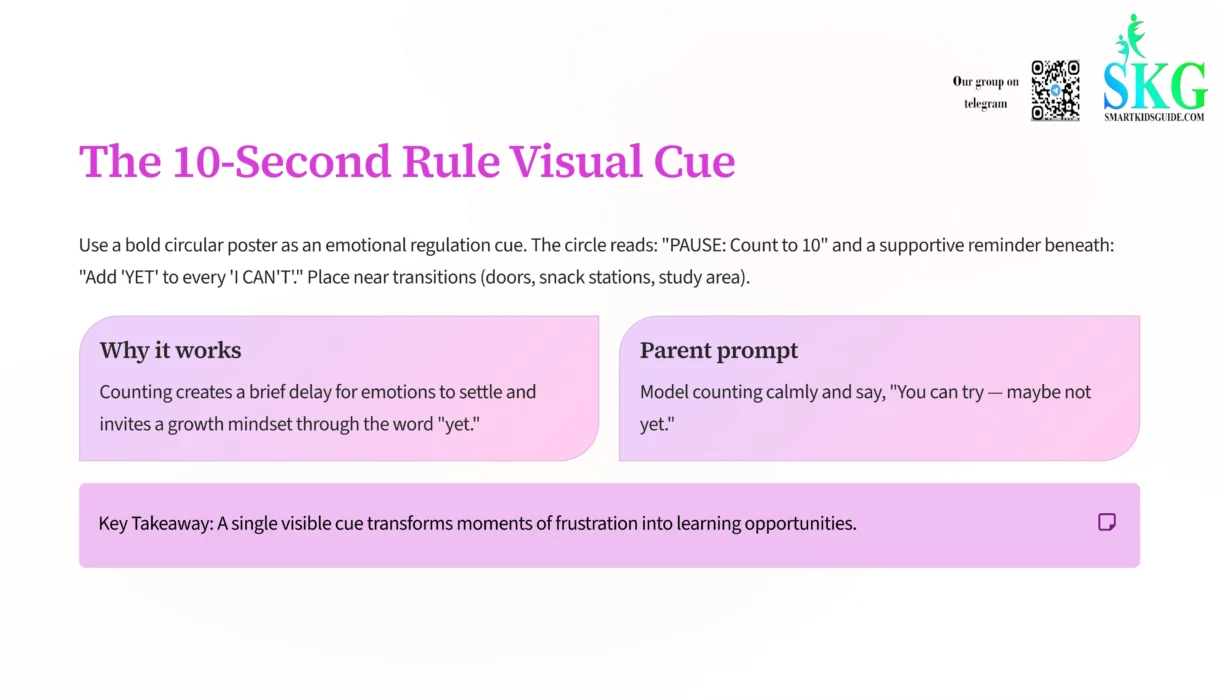 Parent emotional regulation tool showing the 10-second rule pause and count circle.
