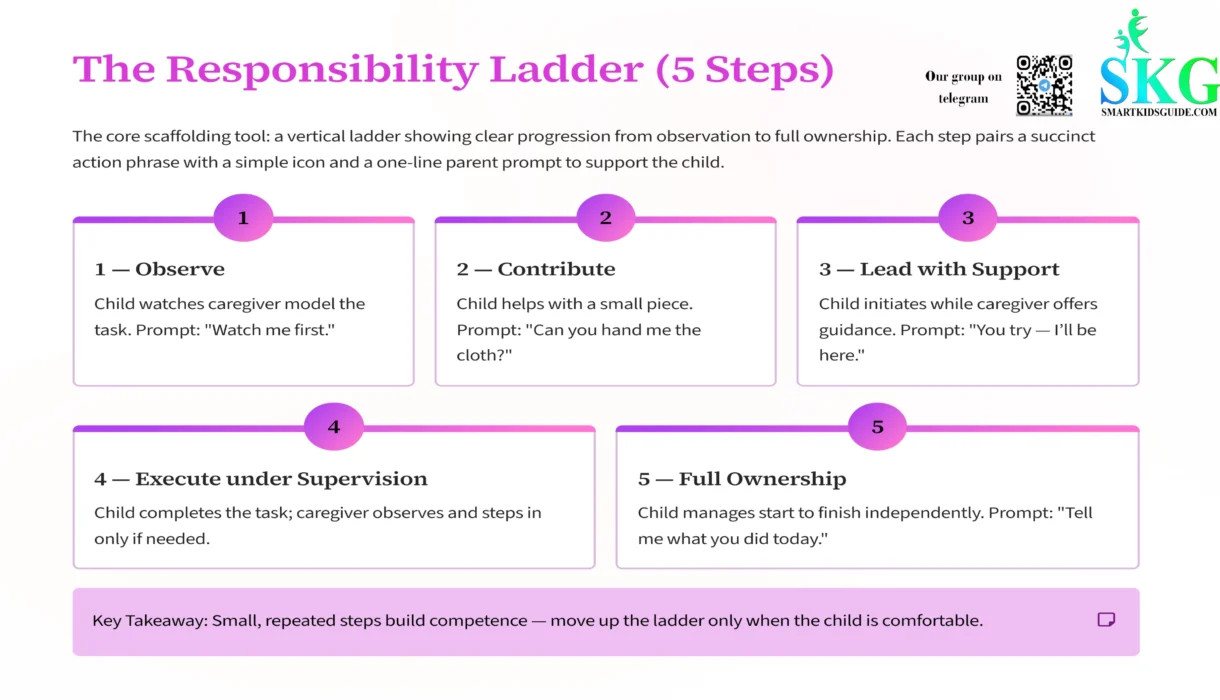 Five-step Responsibility Ladder for child independence showing observation to full ownership.