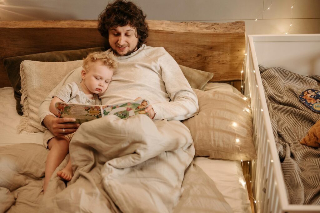 Bedtime routine illustration with a calm toddler and parent reading a story