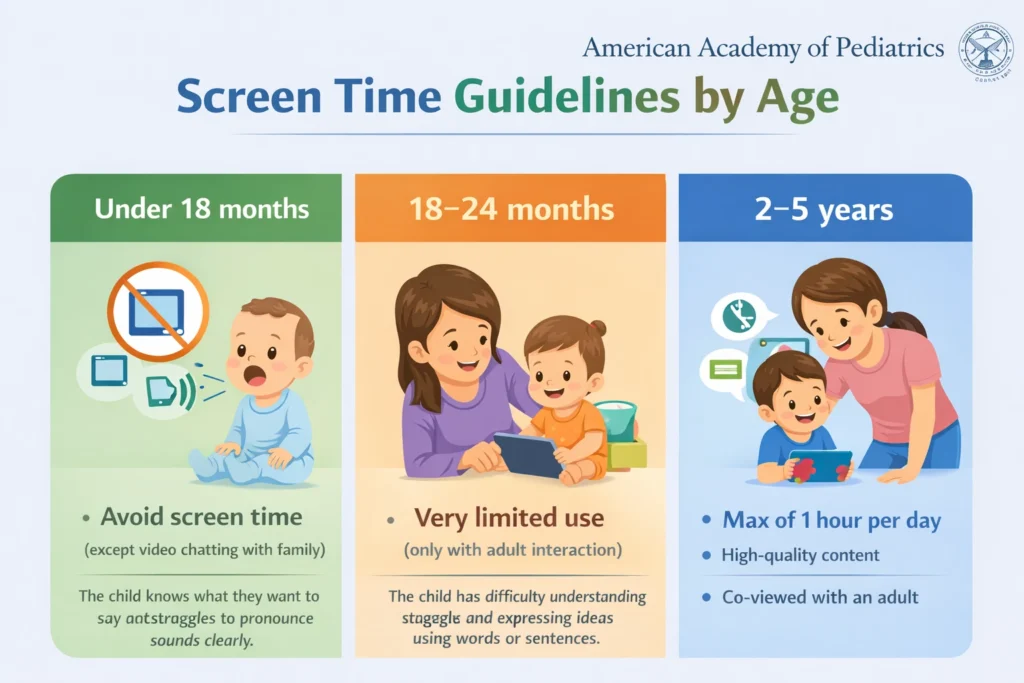 American Academy of Pediatrics screen time guidelines for children under 5 years showing age-specific recommendations